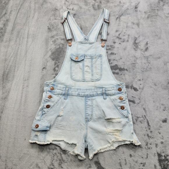 No Boundaries Shortalls Womens M Juniors Blue Light Wash Distressed Cut Off - Picture 1 of 12